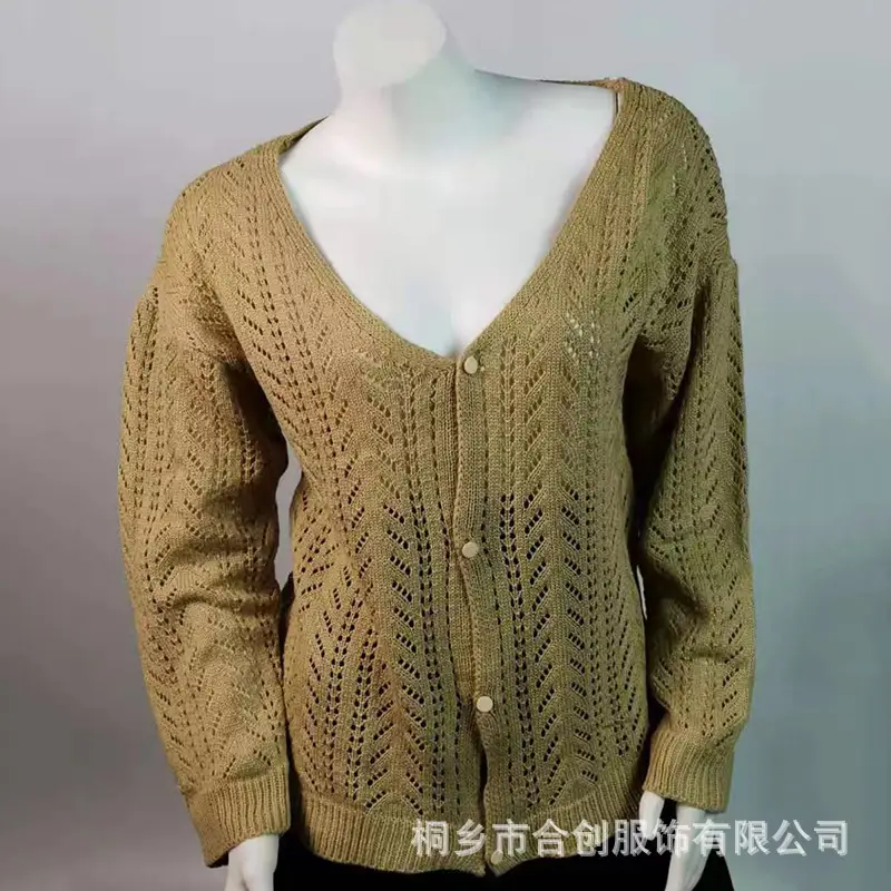 2025 Women's Cut Out Knit Cardigan Pink Blue V Neck - Image 2