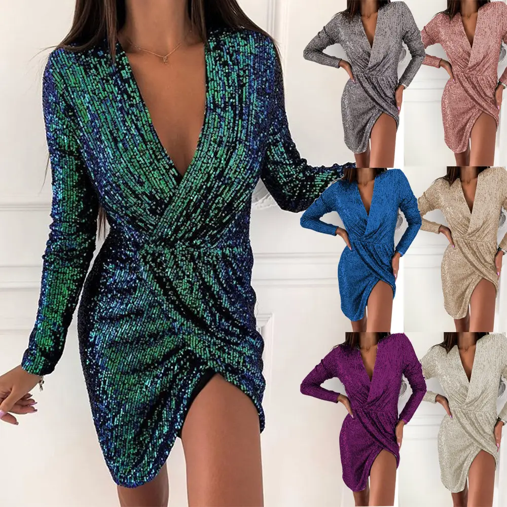 Women Long Sleeve V Neck Mini Skirt Dress Grey