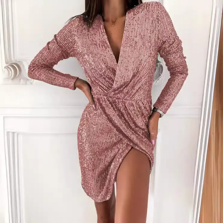 Women Long Sleeve V Neck Mini Skirt Dress Grey