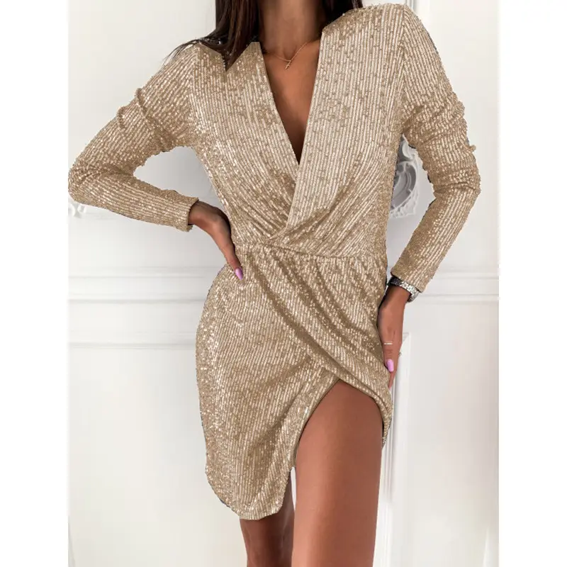 Women Long Sleeve V Neck Mini Skirt Dress Grey