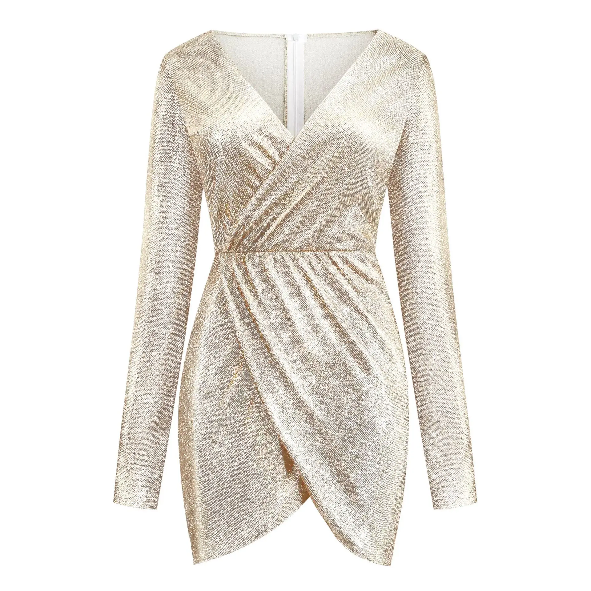 Women Long Sleeve V Neck Mini Skirt Dress Grey