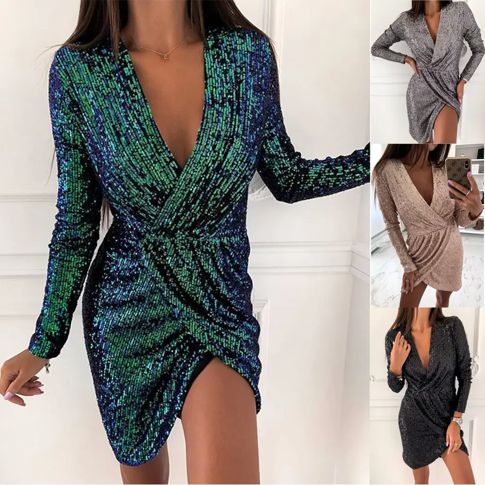 Women Sequin V Neck Mini Dress Long Sleeve Beige - Image 7