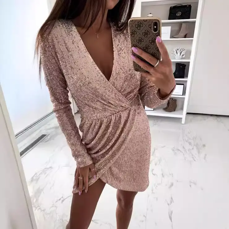 Women Sequin V Neck Mini Dress Long Sleeve Beige - Image 10