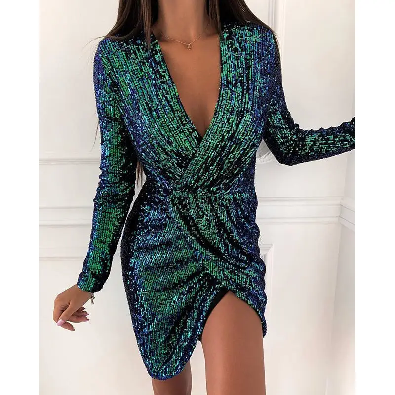 Women Sequin V Neck Mini Dress Long Sleeve Beige - Image 3