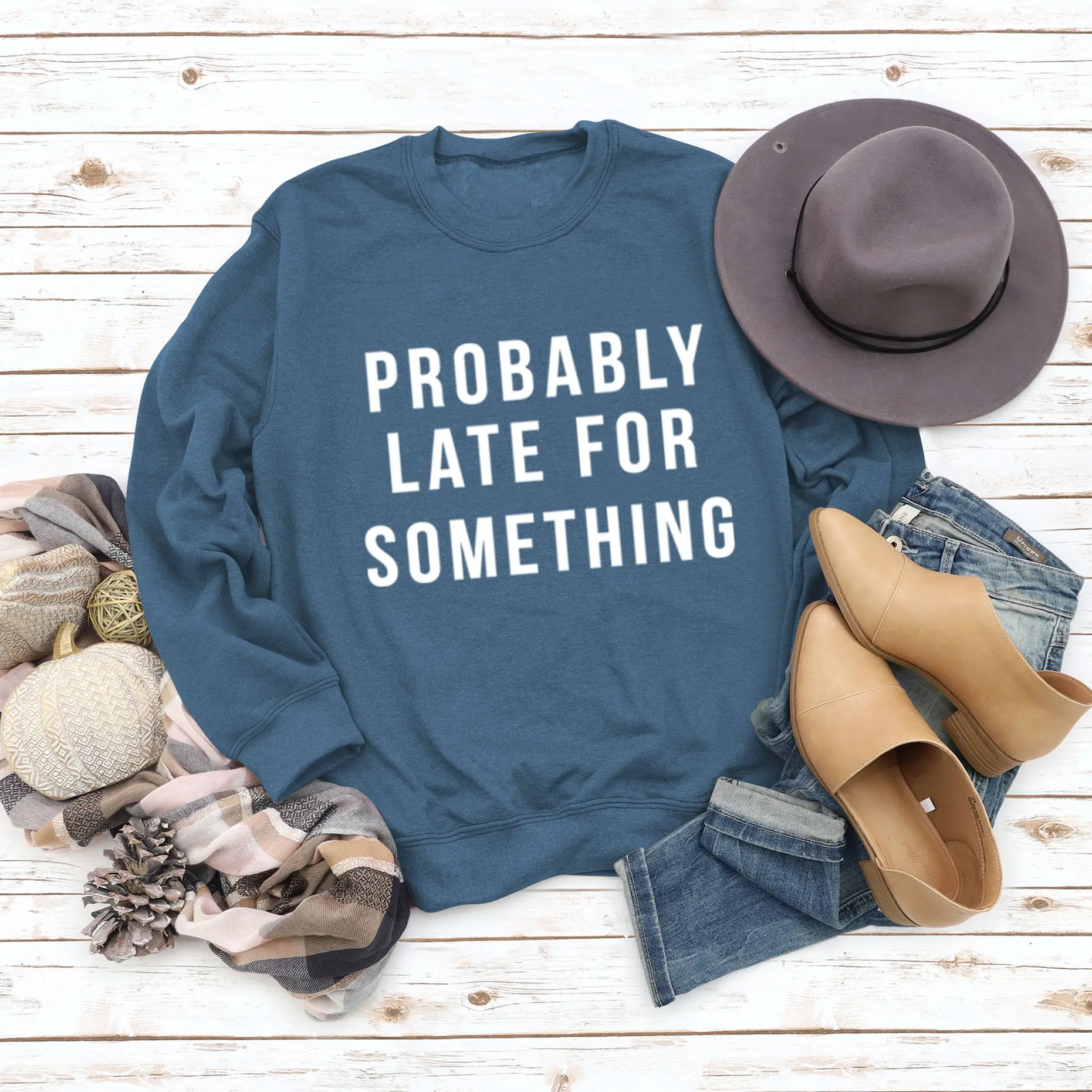 Women's Blue Printed Sweatshirt Long Sleeve Loose Fit Casual Wear