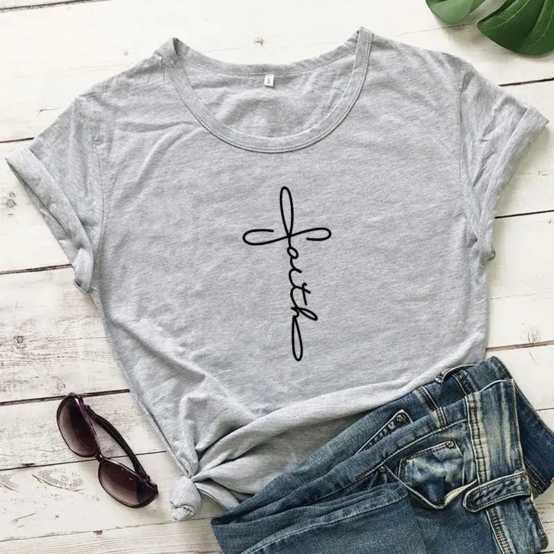 Black Faith Letter Short Sleeve T-Shirt for Men Women - Image 3