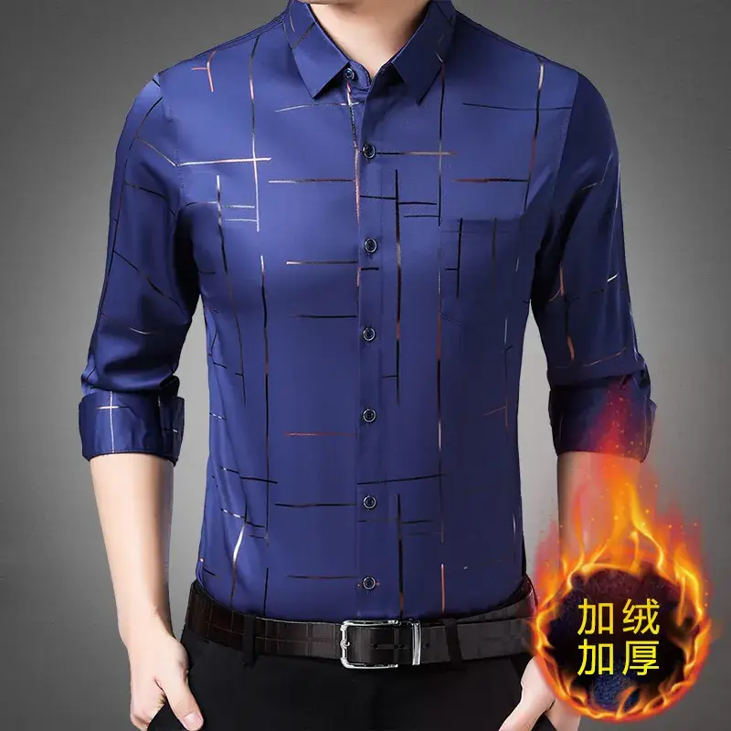 Men's Long Sleeve Velvet Shirt Black Mid-Thigh Winter Warm - Image 8