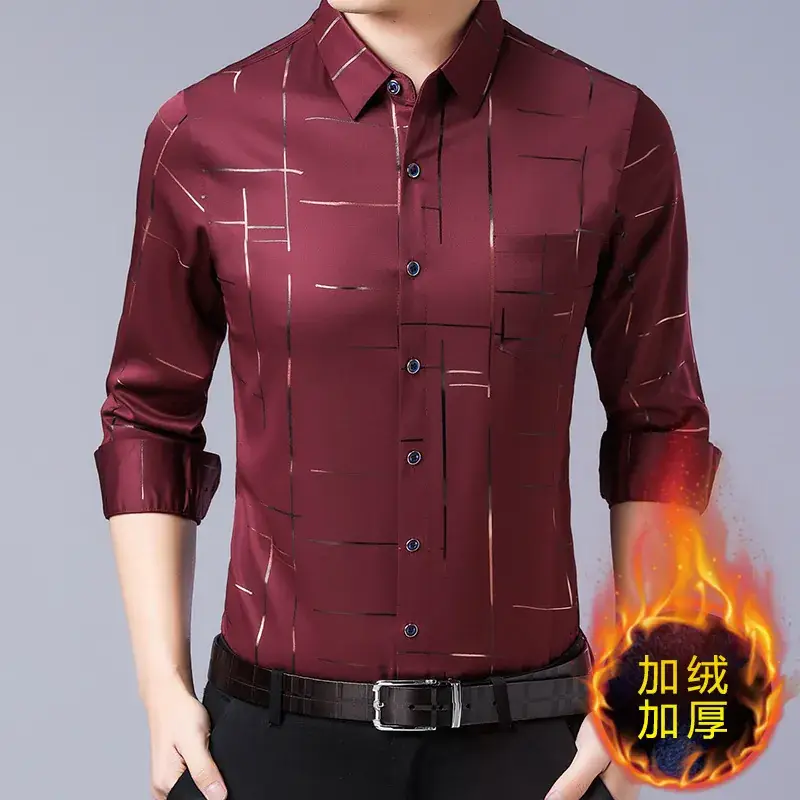Men's Long Sleeve Velvet Shirt Black Mid-Thigh Winter Warm - Image 2