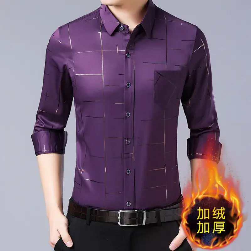 Men's Long Sleeve Velvet Shirt Black Mid-Thigh Winter Warm - Image 3