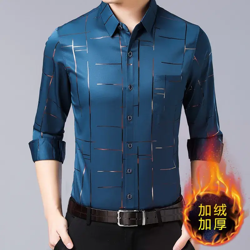 Men's Long Sleeve Velvet Shirt Black Mid-Thigh Winter Warm - Image 4