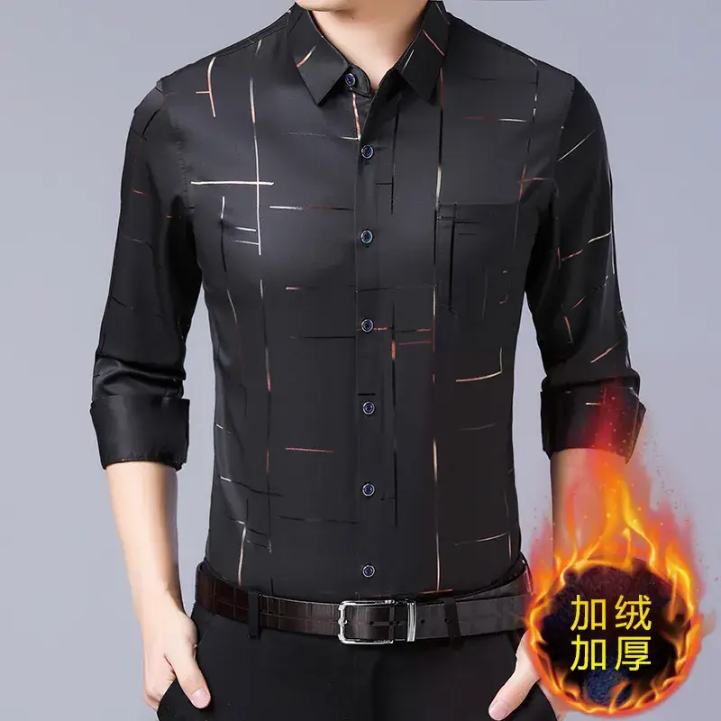 Men's Long Sleeve Velvet Shirt Black Mid-Thigh Winter Warm - Image 5