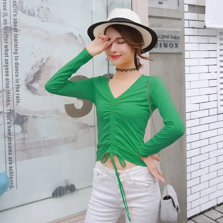 Women Black V-Neck Long Sleeve T-Shirt with Drawstring Waist - Image 3