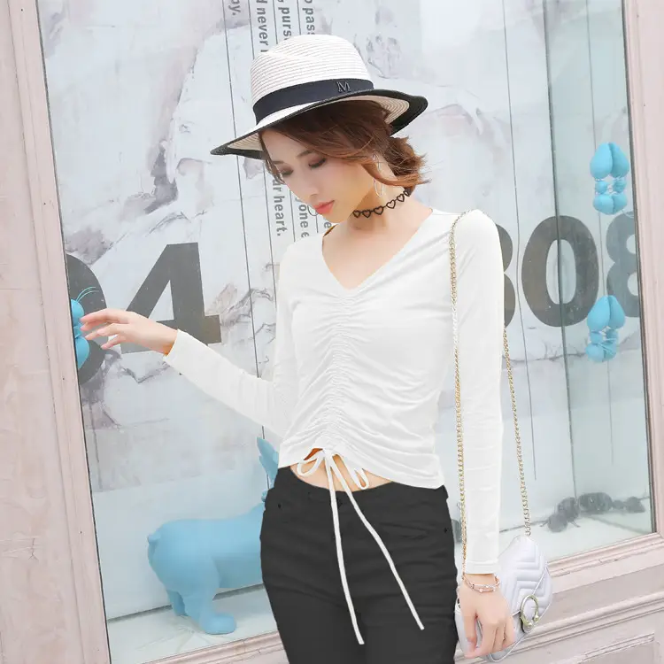 Women Black V-Neck Long Sleeve T-Shirt with Drawstring Waist - Image 2