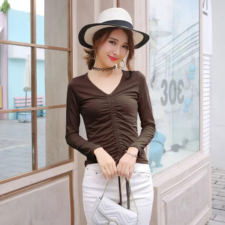 Women Black V-Neck Long Sleeve T-Shirt with Drawstring Waist - Image 7