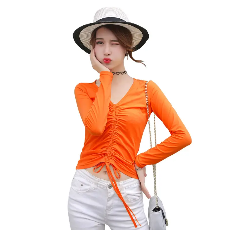 Women Black V-Neck Long Sleeve T-Shirt with Drawstring Waist - Image 9