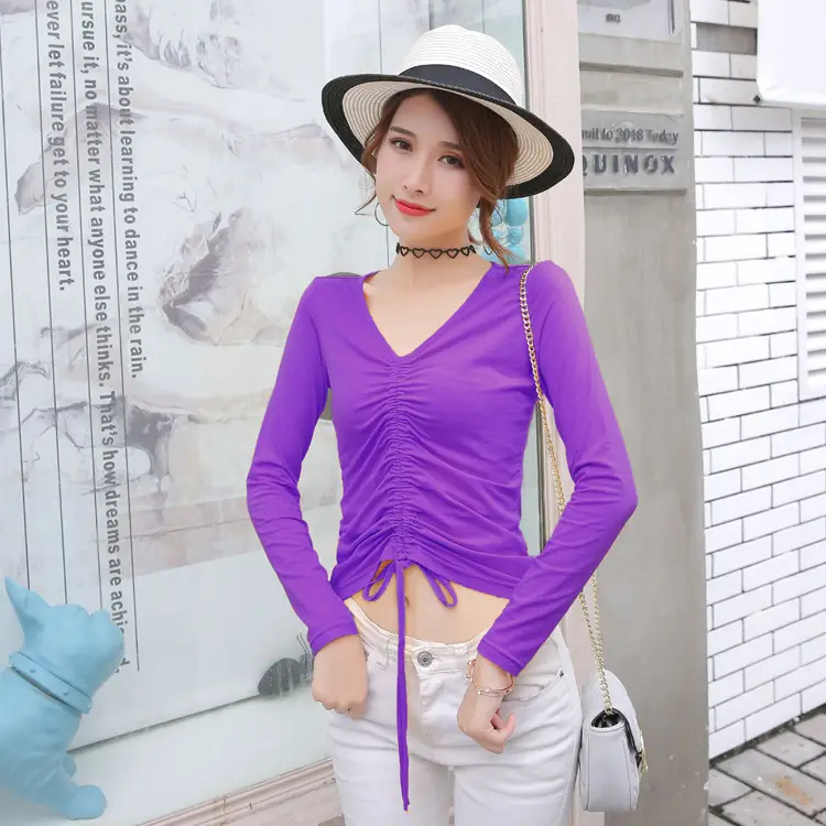 Women Black V-Neck Long Sleeve T-Shirt with Drawstring Waist - Image 4