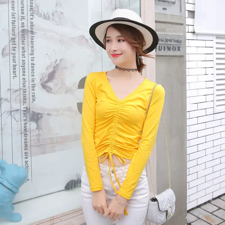 Women Black V-Neck Long Sleeve T-Shirt with Drawstring Waist - Image 5