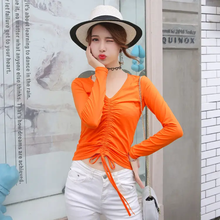 Women Black V-Neck Long Sleeve T-Shirt with Drawstring Waist - Image 6