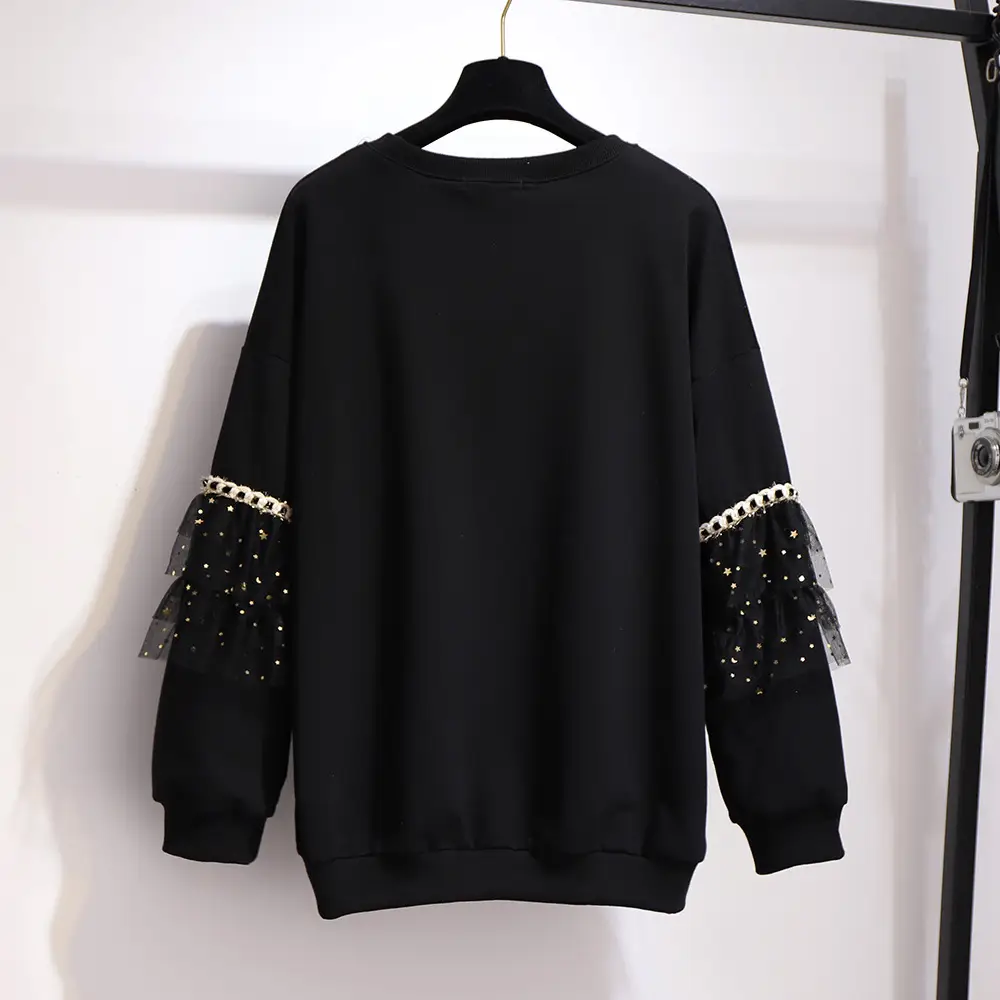 Plus Size Black Mesh Lantern Sleeve Sweatshirt - Image 4