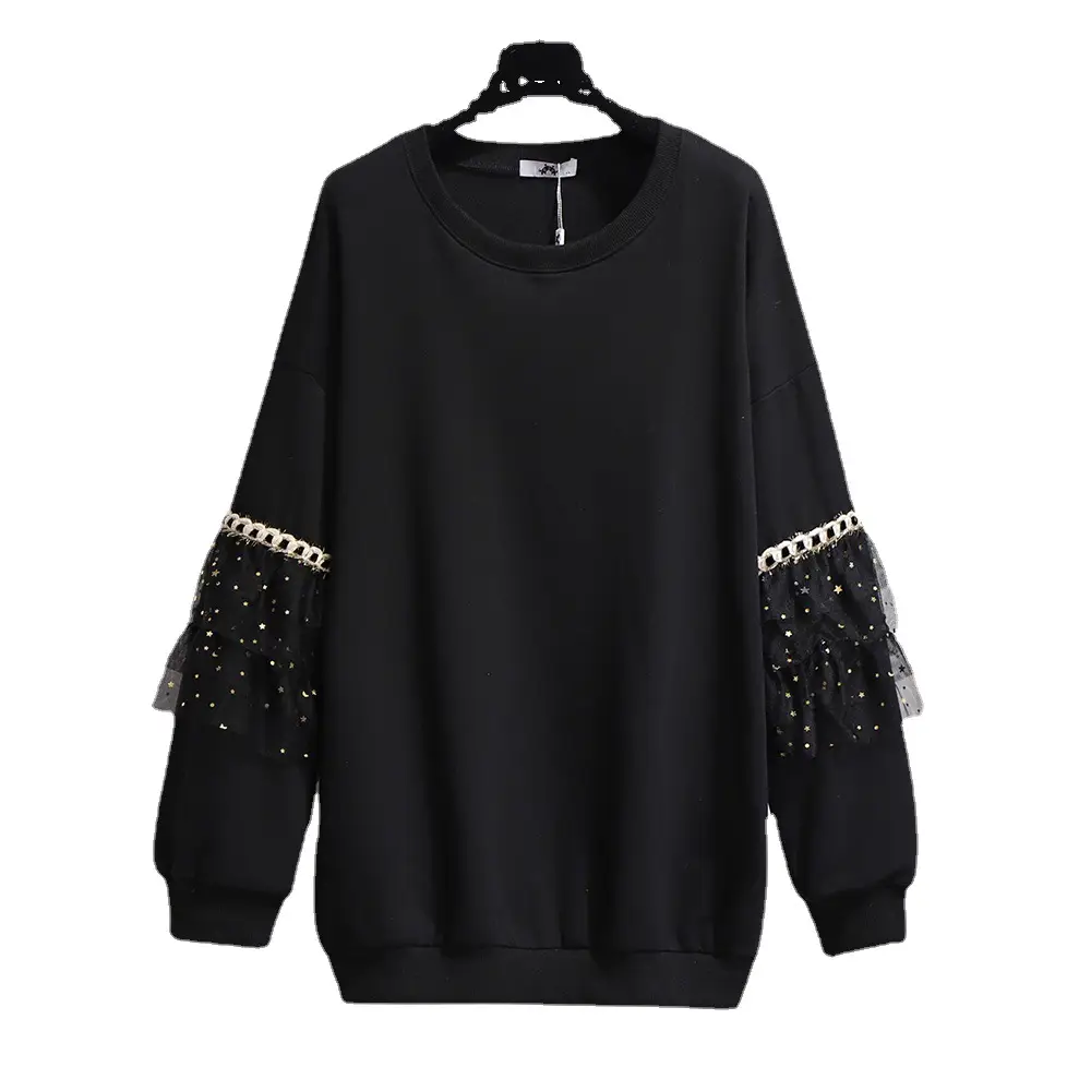 Plus Size Black Mesh Lantern Sleeve Sweatshirt - Image 7