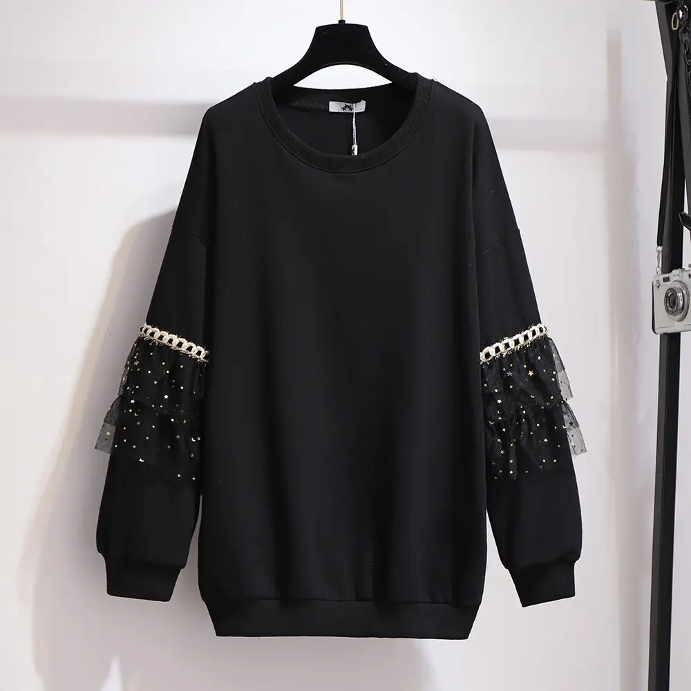 Plus Size Black Mesh Lantern Sleeve Sweatshirt - Image 2