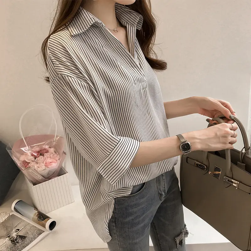 Women's Summer Striped V-Neck Top with Hip Sleeve - Image 5