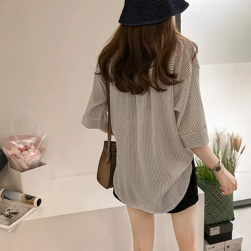 Women's Summer Striped V-Neck Top with Hip Sleeve - Image 7