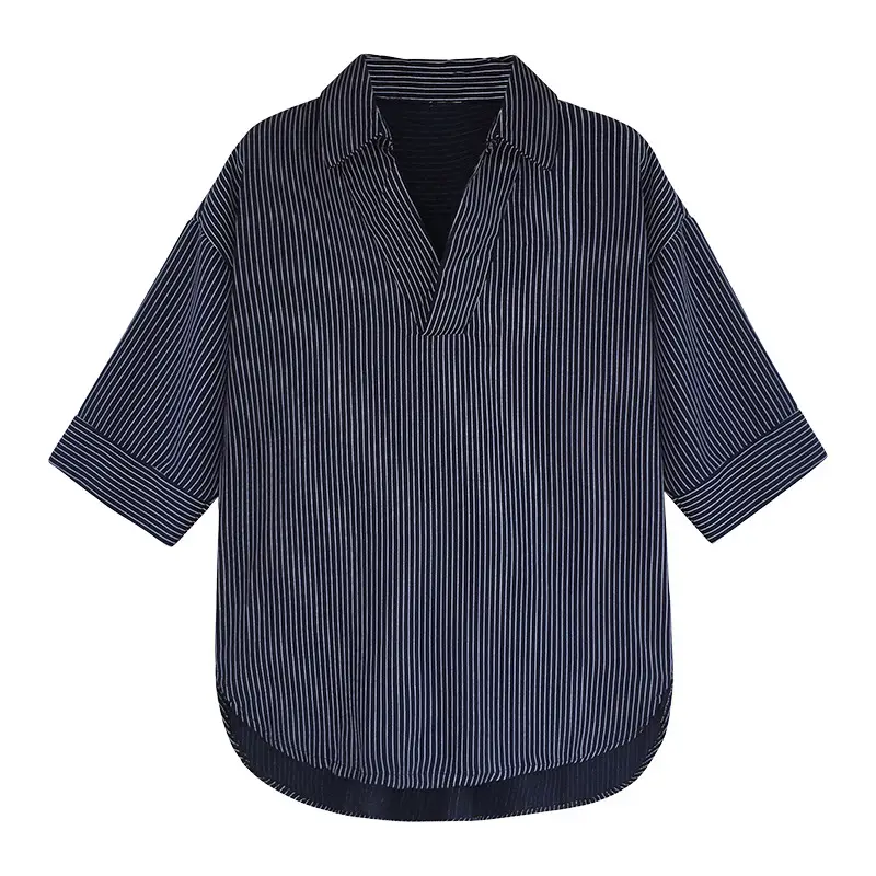 Women's Summer Striped V-Neck Top with Hip Sleeve - Image 8