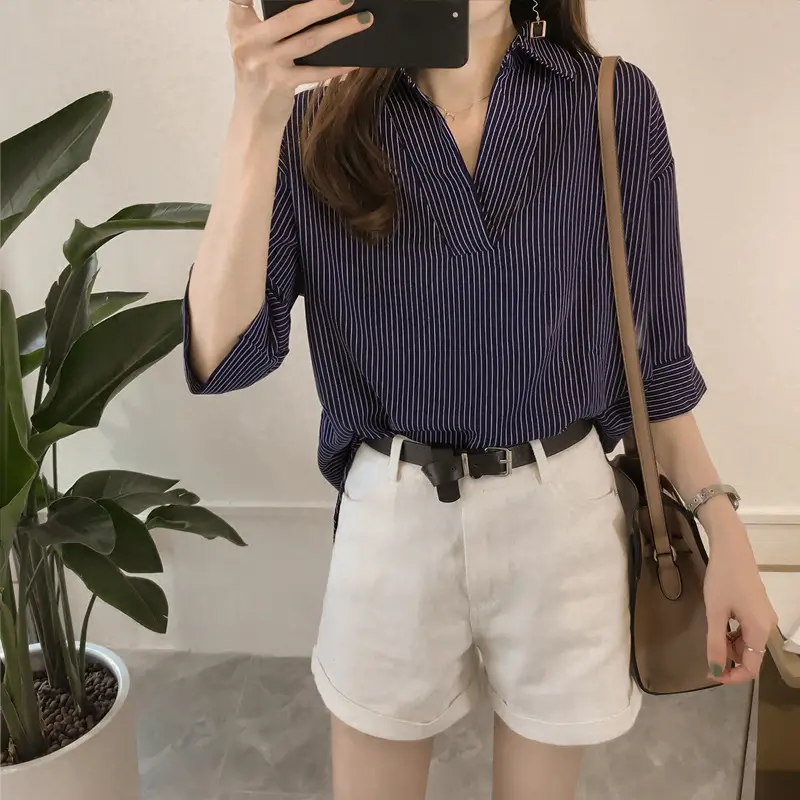 Women's Summer Striped V-Neck Top with Hip Sleeve - Image 2