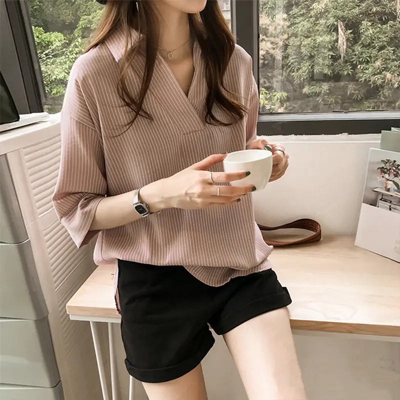 Women's Summer Striped V-Neck Top with Hip Sleeve - Image 3
