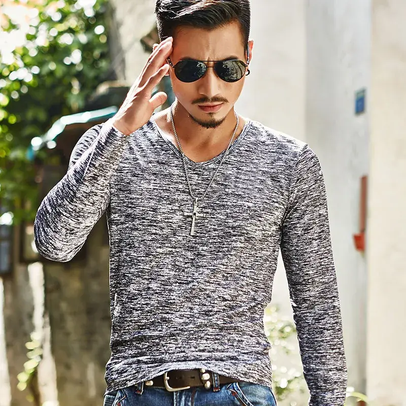 Men's Maroon Long Sleeve V-Neck T-Shirt - Image 7