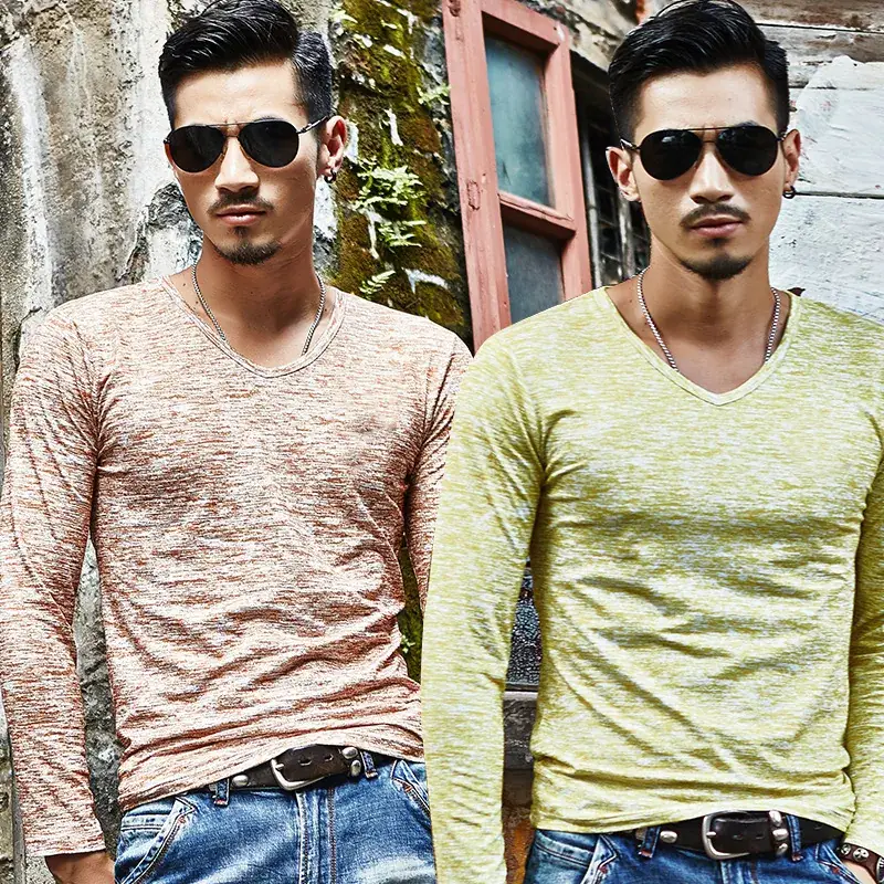Men's Maroon Long Sleeve V-Neck T-Shirt - Image 10