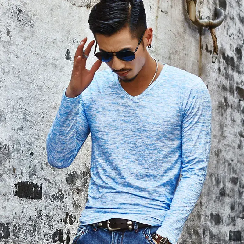 Men's Maroon Long Sleeve V-Neck T-Shirt - Image 3