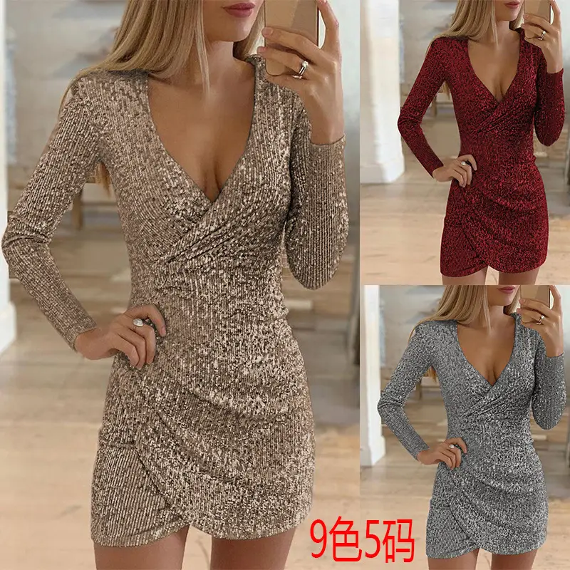 Golden Sequin Wrap Dress V-Neck Hip Irregular Short - Image 11
