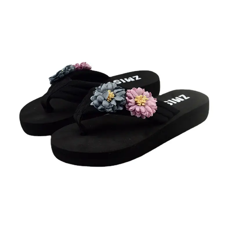 Women's Black Daisy Flower Flip Flops Casual Sandals