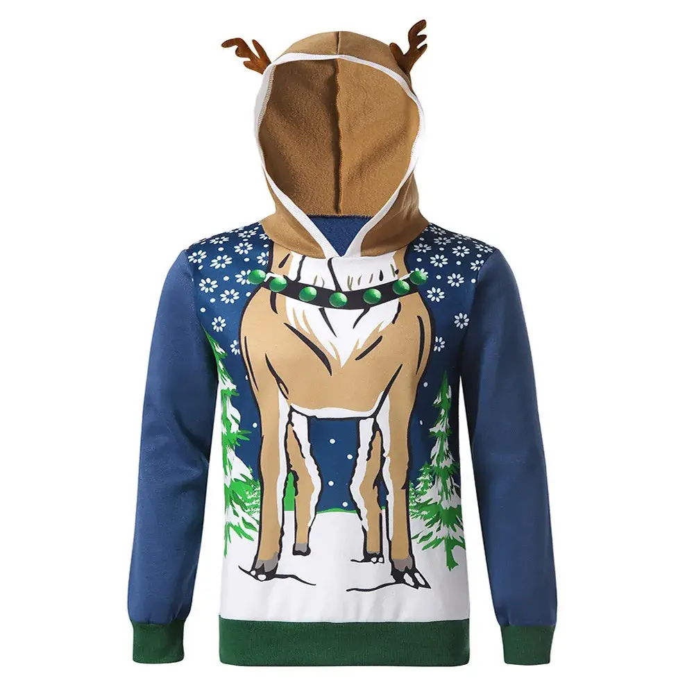 Men's Hooded Hoodie with Deer Print Blue Green - Image 5