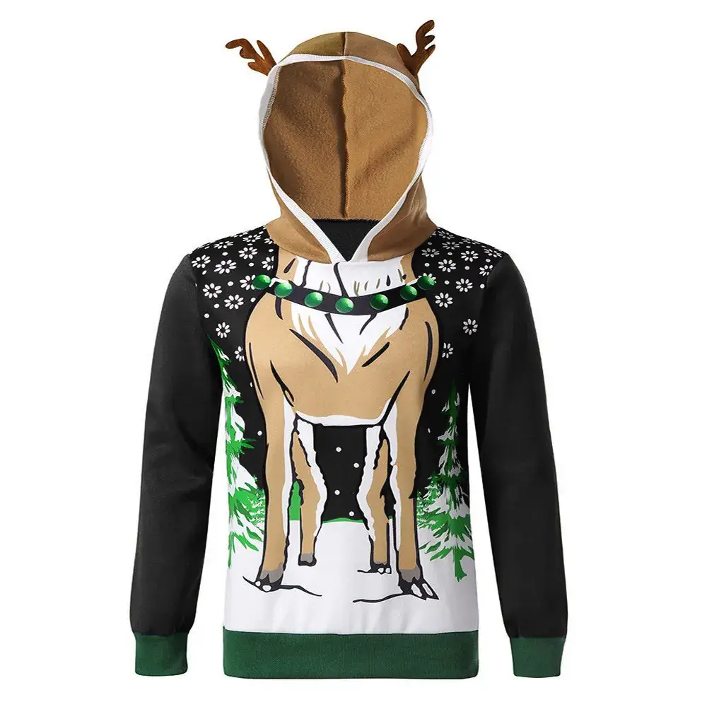 Men's Hooded Hoodie with Deer Print Blue Green - Image 2
