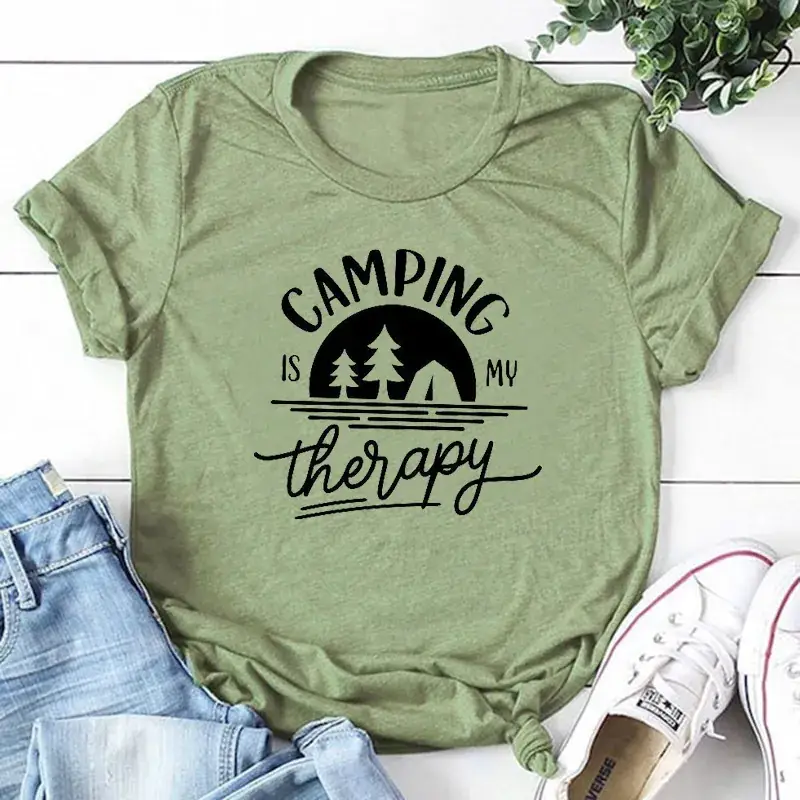 Men Women Camping Therapy T-Shirt Black - Image 8