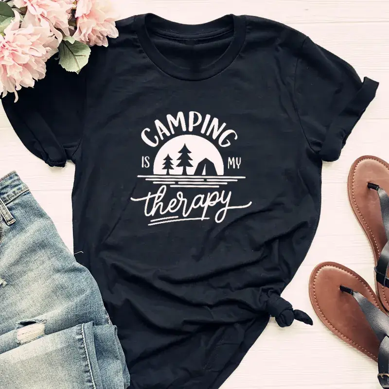 Men Women Camping Therapy T-Shirt Black - Image 2