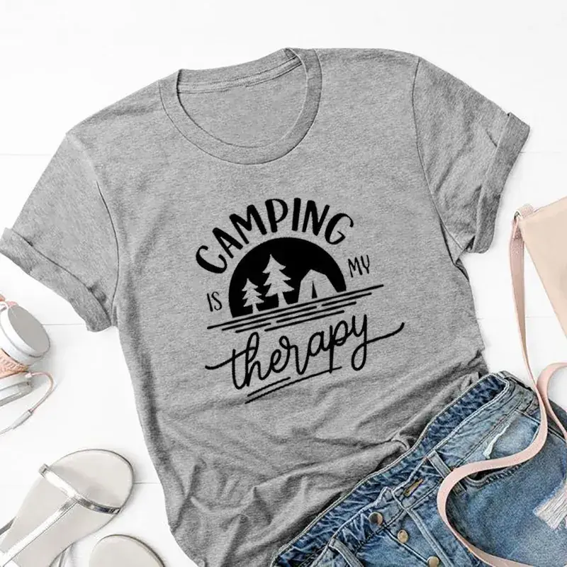 Men Women Camping Therapy T-Shirt Black - Image 3