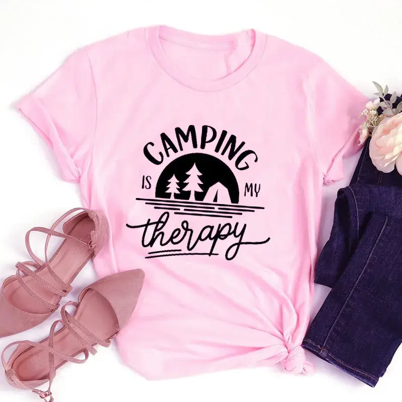 Men Women Camping Therapy T-Shirt Black - Image 4