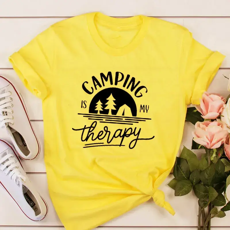 Men Women Camping Therapy T-Shirt Black - Image 5