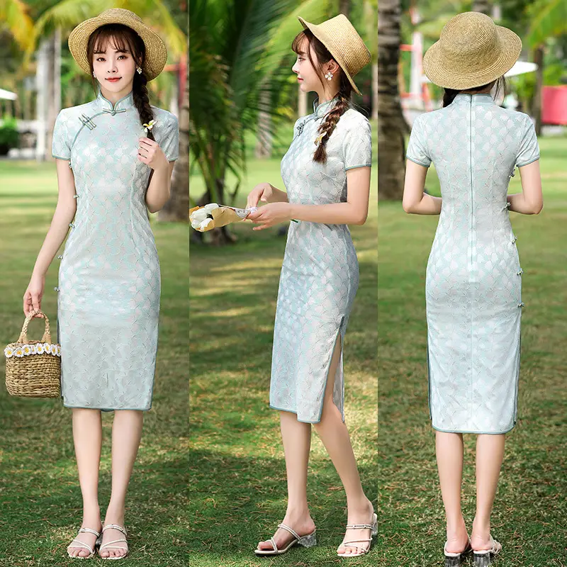 Women's Chinese Style Diagonal Placket Quilted Dress Set - Image 2