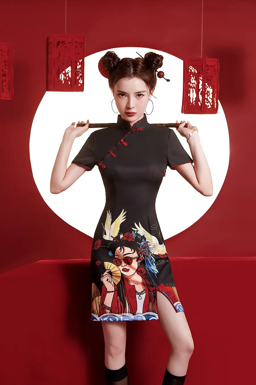 Women's Chinese Style Diagonal Placket Quilted Dress Set - Image 3