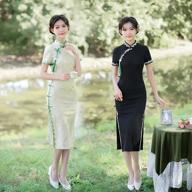 Women's Chinese Style Diagonal Placket Quilted Dress Set - Image 5