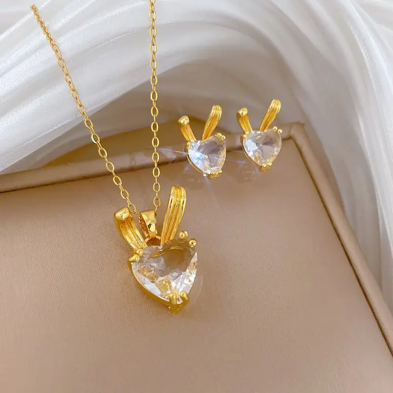 Luxury Zircon Heart Earrings & Necklace Set