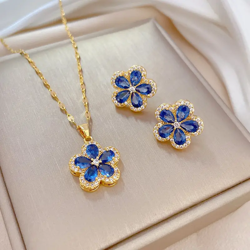 D321 blue necklace-D322 blue stud earrings [titanium chain copper pendant earrings]]