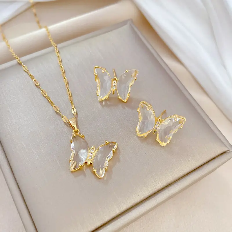 F408 white necklace-F410 white earrings [titanium steel chain copper pendant earrings]]