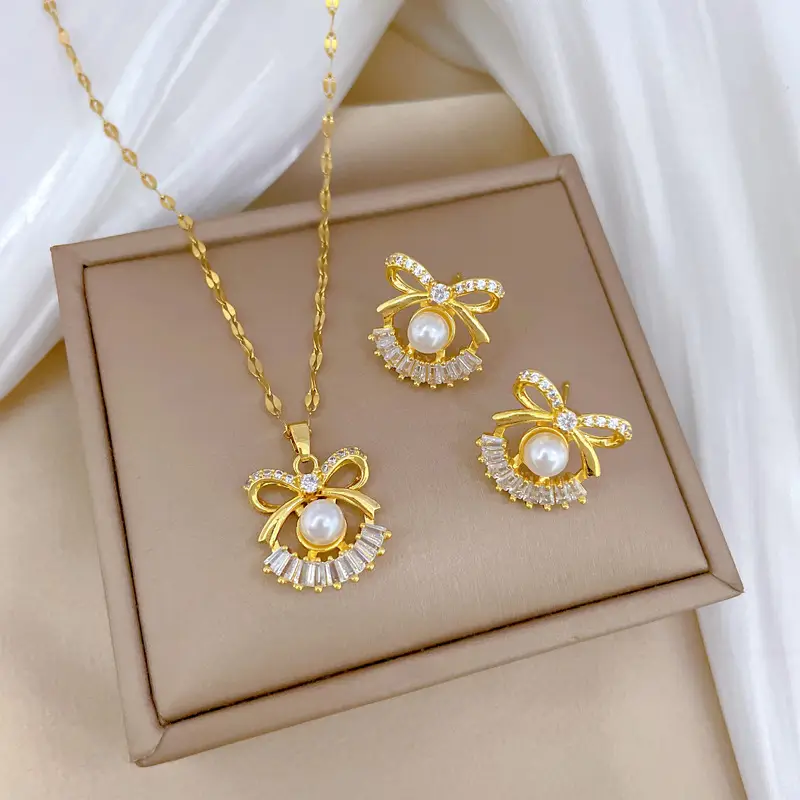 B421 necklace-B422 stud earrings "titanium chain copper pendant earrings]