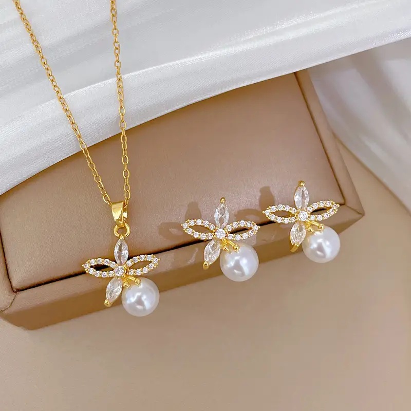 B527 necklace-B528 stud earrings [titanium steel chain copper pendant earrings]]